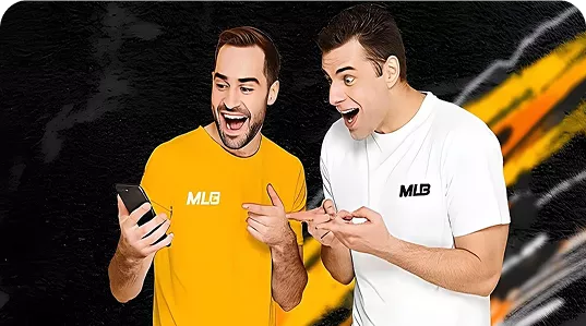 Excited men looking at phone with Melbet logo