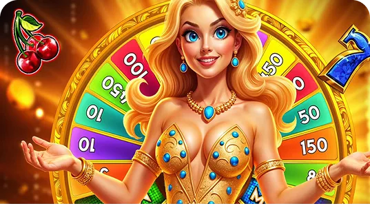 Женщина Melbet в золотом платье с колесом фортуны