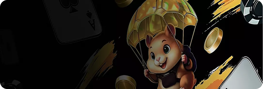 Melbet Cartoon hamster with parachute, cards, and chips