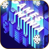An isometric illustration of a futuristic city with the title "GAMES MANIA" and floating dice for Melbet