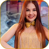 Smiling red-haired woman with a golden bow tie, welcoming players to live casino games at Melbet