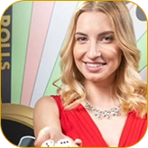 Blonde dealer in a red dress holding dice, inviting players to a dice game at Melbet