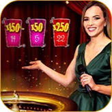 Smiling brunette woman with a microphone at a live roulette game in Melbet casino