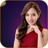 Elegant Asian woman in a red dress, inviting players to Melbet casino
