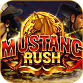 A Western-themed slot game with a golden horse and the title "MUSTANG RUSH" for Melbet