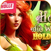 A fantasy-themed game with a beautiful fairy with red hair and green wings, for a game called "HOLLE DIE WALD"